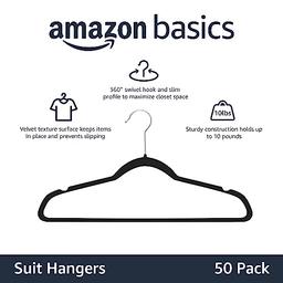 Amazon Basics - Ganchos para ropa de terciopelo, para trajes, antideslizantes (50 unidades), color negro y plateado - Vista 3