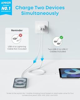 Anker Cargador para iPhone 17/16, paquete de 2 bloques de cargador USB C rápido de 20 W, para iPhone 17/16/16 Pro Max/15 Series/iPad Pro y más (2 unidades y 2 cables) (blanco) - Vista 4