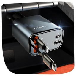LISEN - Cargador retráctil para automóvil, adaptador de cargador de automóvil USB C de 69 W, carga rápida para iPhone 16, 15, 14, 13, 12, Samsung, gris - Vista 2