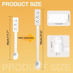 El extensor de toma de corriente cuenta con USB-A, USB-C y 2 tomas de corriente alterna para espacios de difícil acceso, se extiende de 22 a 27 pulgadas, gira 180°. Úsalo detrás de sofás, mesitas de - Vista 3