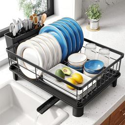 Escurridor de platos, pequeño escurridor de platos para encimera de cocina, escurridor de platos de acero inoxidable con soporte para utensilios y escurridor (negro) - Vista 2