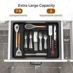 Organizador de cubiertos expandible extragrande, sin BPA, apto para alimentos, organizador de cajones de utensilios de cocina, soporte ajustable para cucharas, tenedores, cuchillos, color - Vista 3