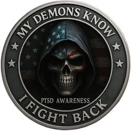 Moneda de desafío para veteranos de concienciación sobre el trastorno de estrés postraumático, My Demons Know I Fight Back, monedas conmemorativas de apoyo de coraje para veteranos y veteranos (1 - Vista 1