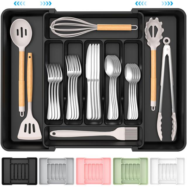 Organizador de cubiertos expandible extragrande, sin BPA, apto para alimentos, organizador de cajones de utensilios de cocina, soporte ajustable para cucharas, tenedores, cuchillos, color - Imagen 1