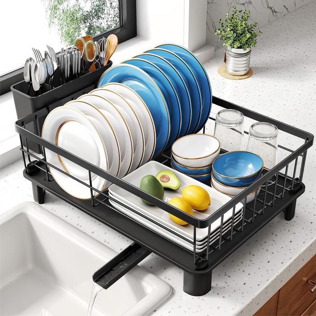 Escurridor de platos, pequeño escurridor de platos para encimera de cocina, escurridor de platos de acero inoxidable con soporte para utensilios y escurridor (negro) - Imagen 1